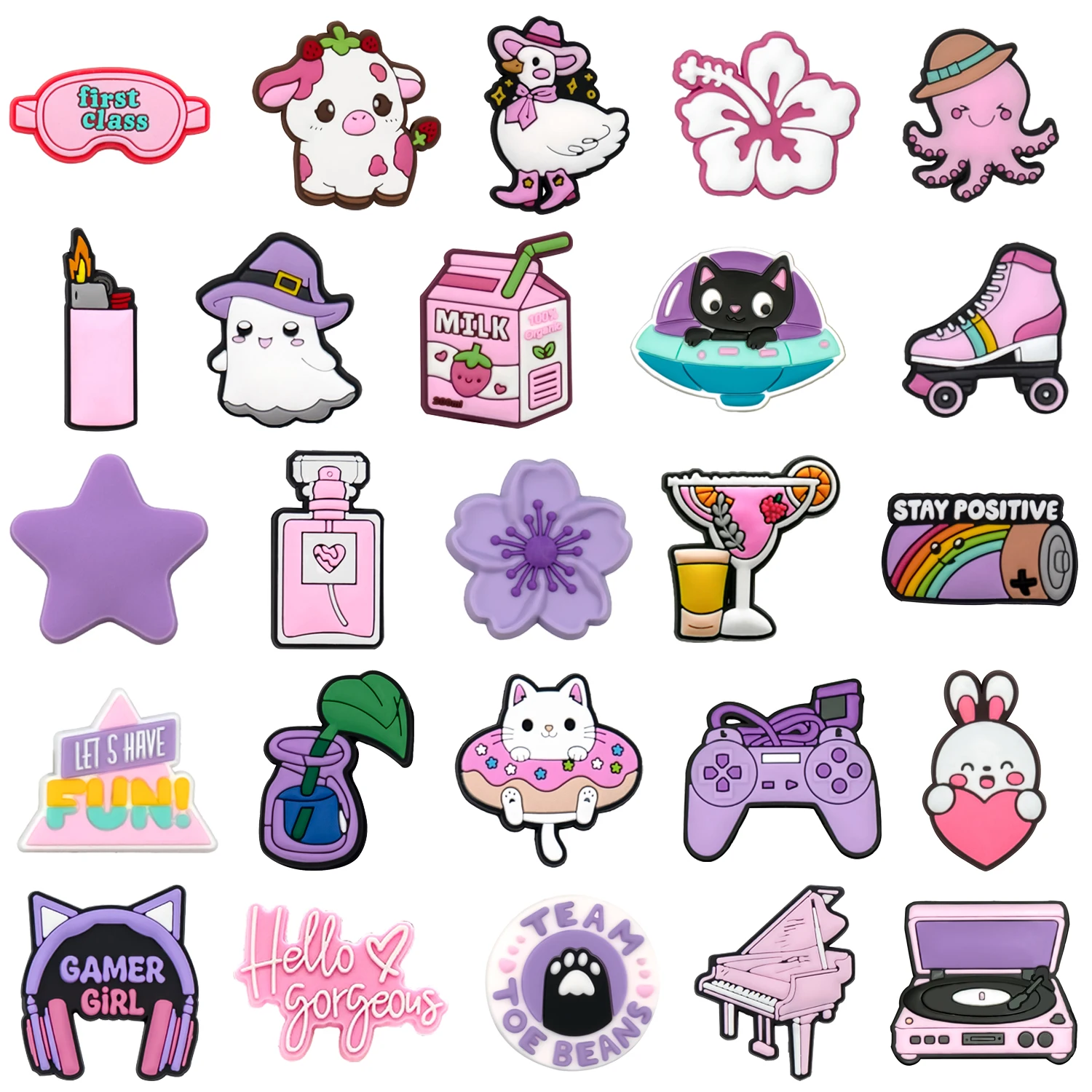 1/25pcs Purple Cat Flower Pentagram Game Controller Shoe Decoration Charms Pink Cow Milk Perfume Shoe Decoration for Sandals Clo