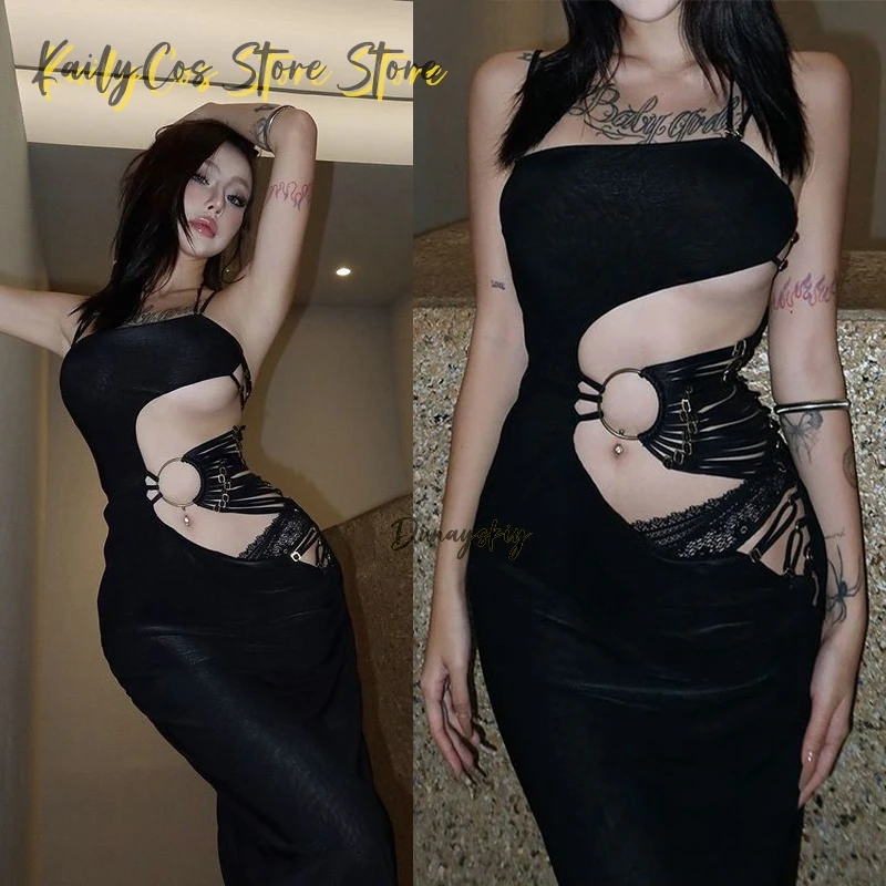 

Sexy Gothic Witch Cosplay Dres Costume Hollow Out Aesthetic Sleeveless Bodycon Evening Dress Women Halloween Uniform 코스프레 Suits