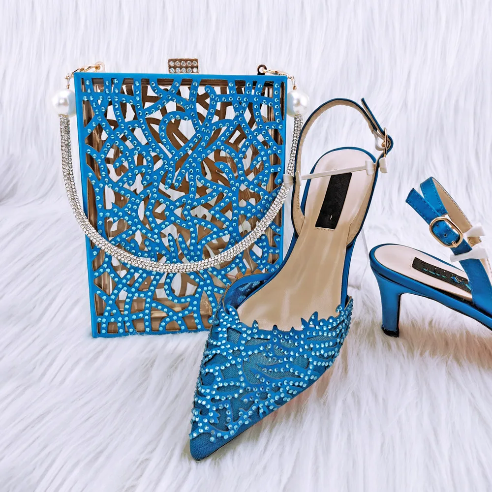 

Popular S.blue Women Pointed Toe Shoes Match Handbag With Crystal Decoration African Dressing Pumps And Bag Set QSL063,Heel 7CM