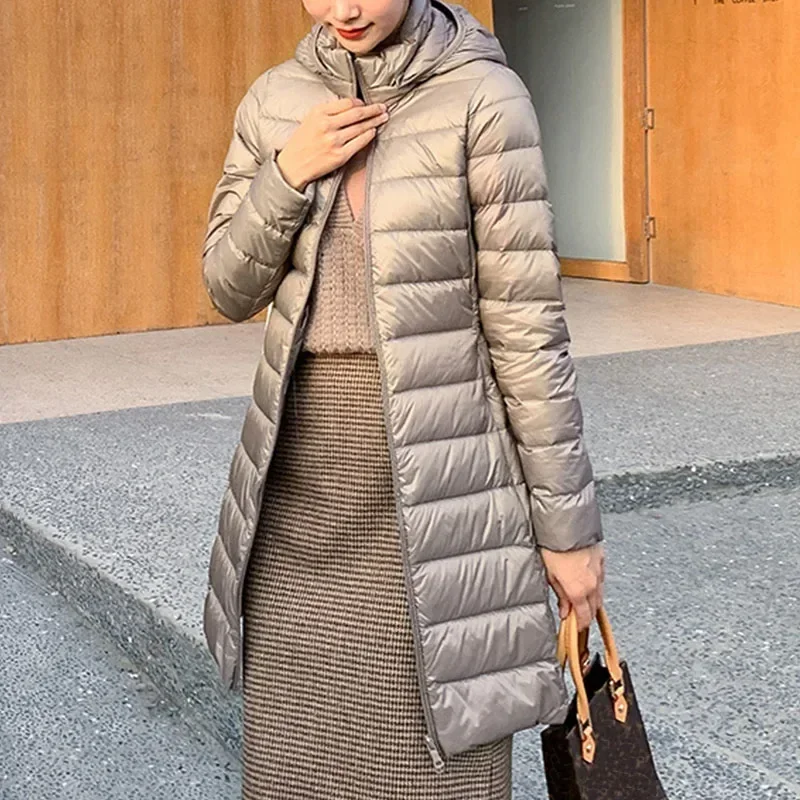 Remove Hooded Parka Solid Color Female Long Light Thin Outerwear Lady Fashion Warm Puffer Jackets Winter Women Slim Down Coats