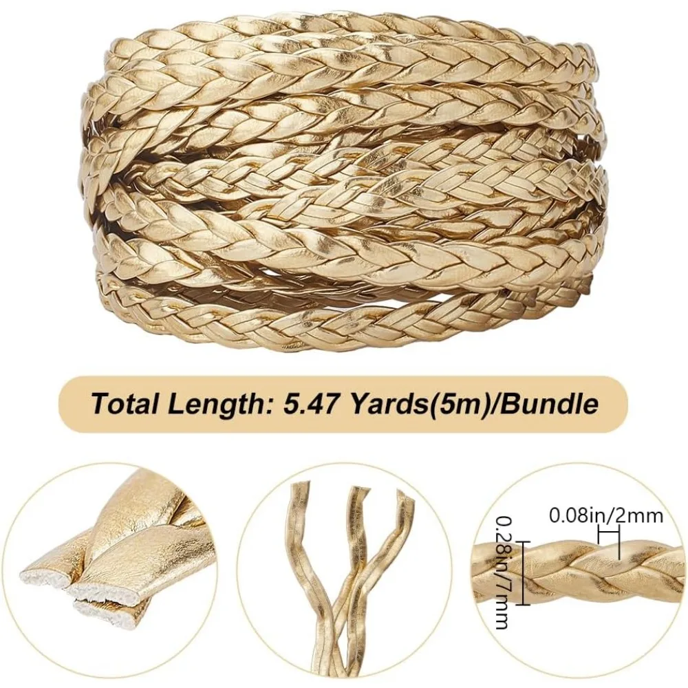 Braided Leather Cord 5m x 7mm Gold PU Leather Strings 2mm Thick Flat Folded Imitation Leather Rope Braiding Thread making kit