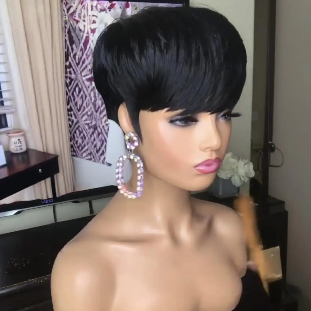 짧은 픽시 스트레이트 인모 가발 앞머리 포함 풀 머신 메이드 가발