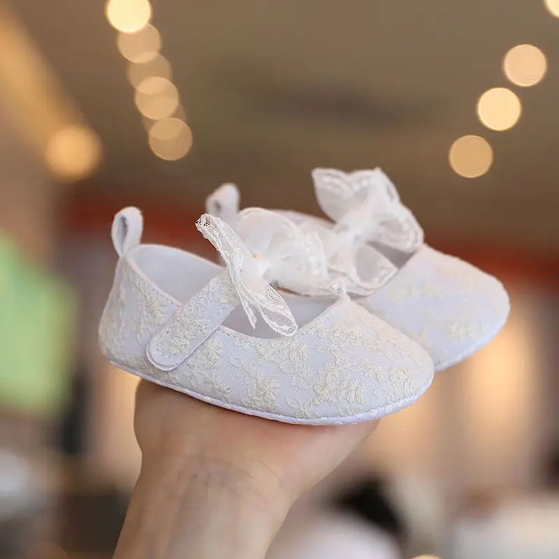 Newborn Baby Girls Shoes Embroidered Bow-knot Cute Anti-Slip Infant Toddler Soft Sole Princess Shoes for Christening 0-18Months