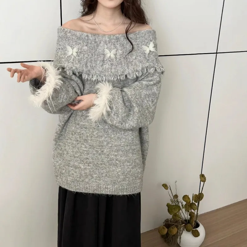 

2025 Winter New Three-dimensional Butterfly One-word Shoulder Knitted Sweater Top Design Sweet and Gentle Sweater Pullover Woman