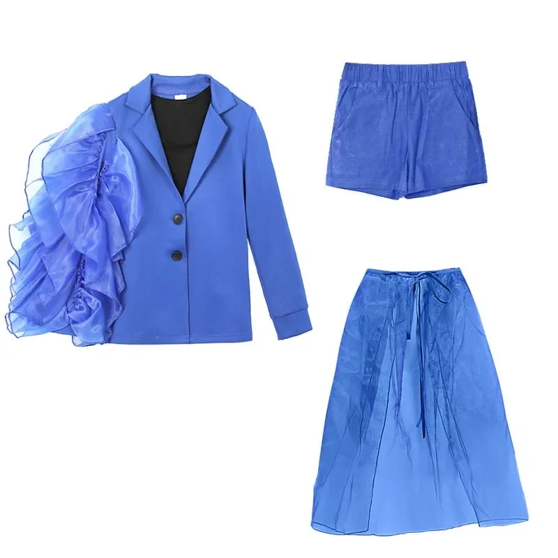 Vêtements gothiques Cyberpun pour enfants, ensemble de danse jazz, bleu, modèle de séparés eur, costume de défilé de performance, tenue de scène Rave