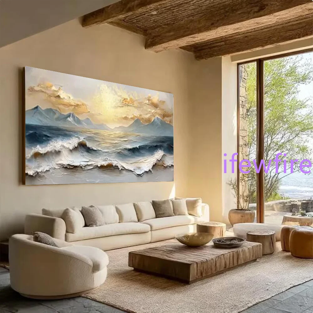 100% Handmade Abstract Oil Painting on Canvas Sunrise Sea View Natural Landscape Wall Art Picture for Living Room Decor Image