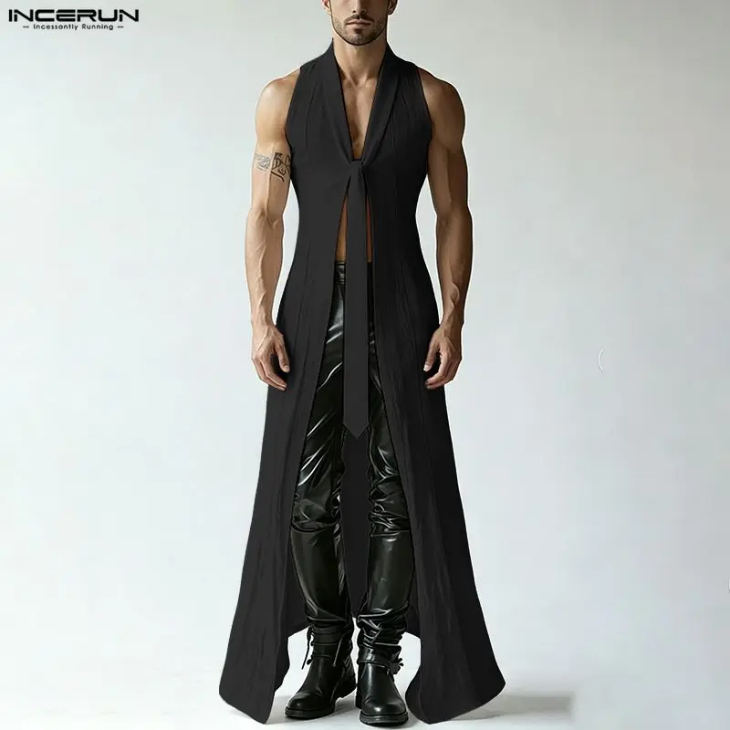 INCERUN Men's Shirt Solid V Neck Sleeveless Casual Long Style Shirts For Man Cardigan Streetwear Loose Fashion Men Clothes 2026