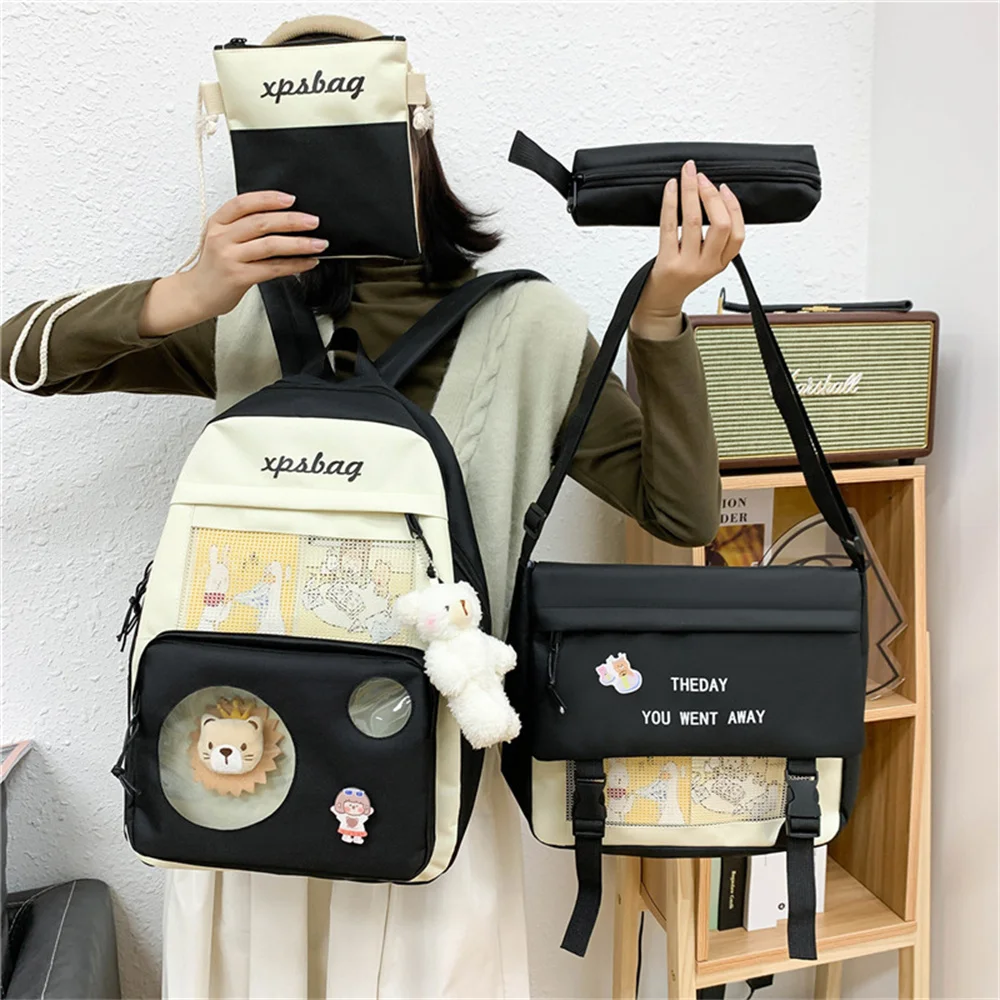 New Large Capacity Canvas Four Piece Backpack Set Cute Junior High School Student Bag Korean Harajuku Style Women\'s Schoolbag