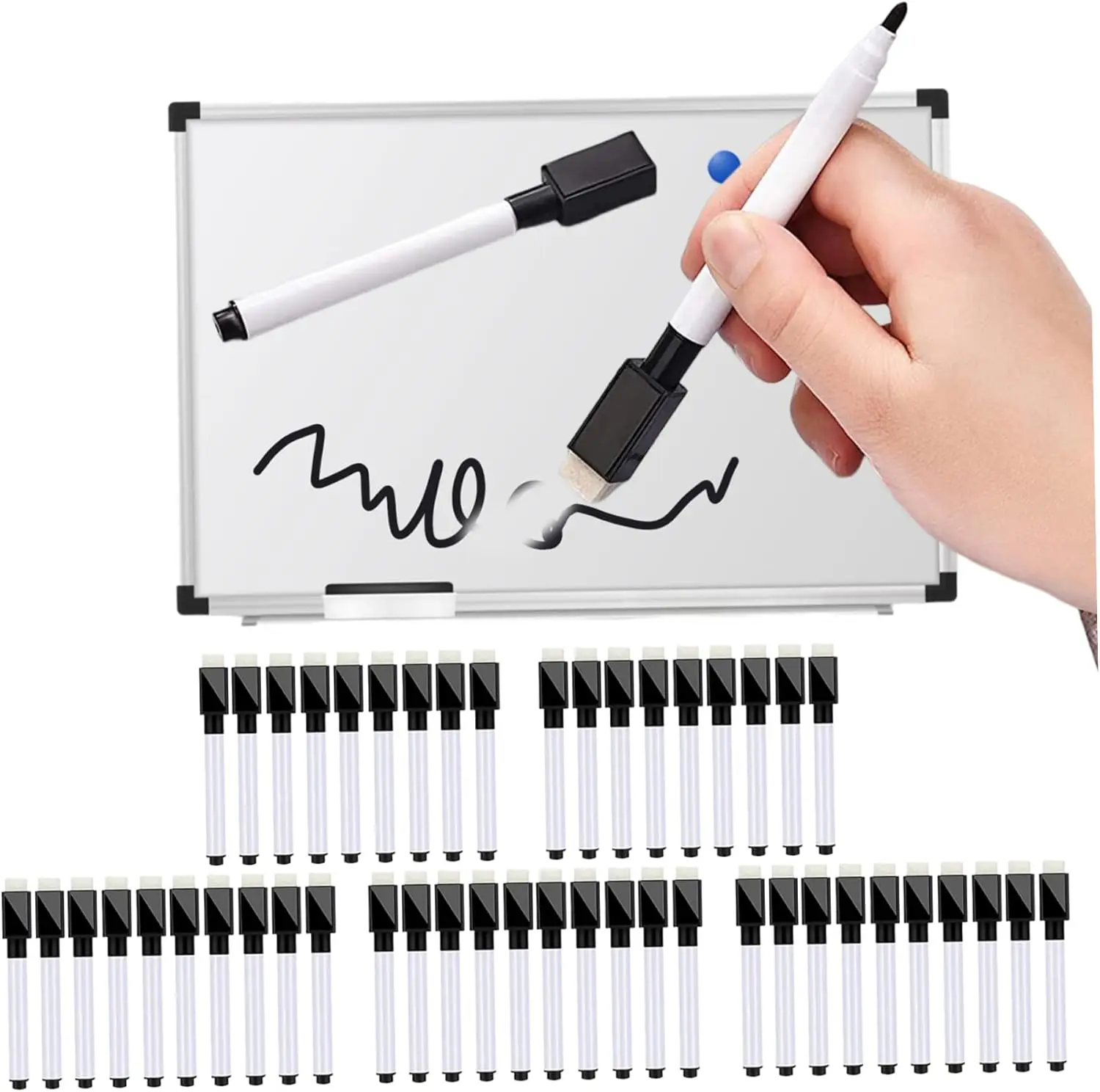

Набор из 50 черных маркеров для сухого стирания с колпачками-ластиками, мини-ручками для досок и классной доски, легкий органайзер для офисного стола