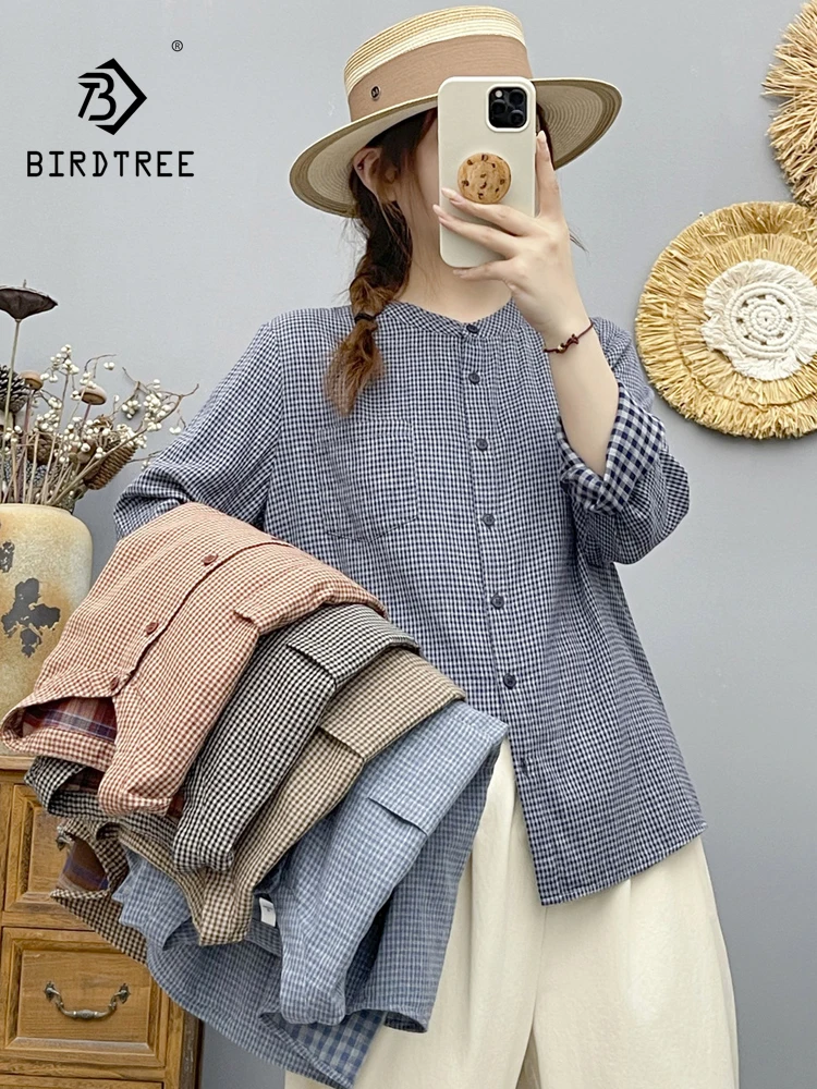 New 2026 Autumn Women Cotton Yarn Long Sleeve Shirt, Stand Plaid, Mori Girl OL Versatile Breathable Soft Loose Blouse T69257CC