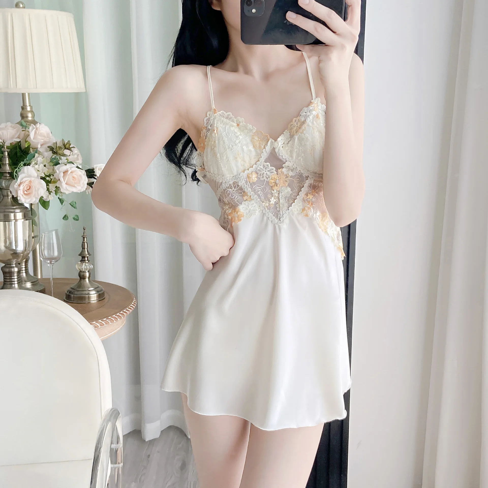 

Sexy Night Dress Lingerie Backless Lace Nightwear Silk Nightgowns Homewear Breast Pad Sling Nightdress Home Clothes
