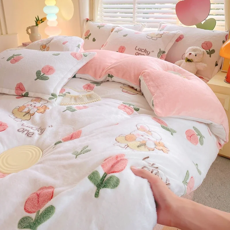 1pc Winter Duvet Cover Queen/King Size Cartoon Style Fluffy Coral Fleece 이불커버 Thick Warm dekbedovertrek 240x220