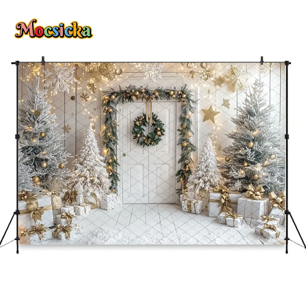 Mocsicka White Christmas Barn Door Background Photography Glitter Snowy Xmas Tree Backdrop Winter Kid Birthday Gift Booth Studio