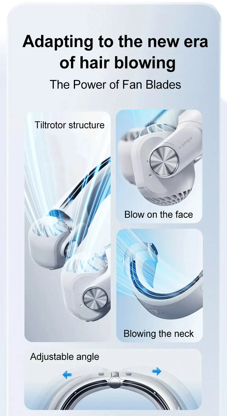 Tragbarer, am Hals montierter Ventilator, USB-Aufladung, verstellbarer, flügelloser Turbinen-Nackenbügelventilator ohne Flügel, geeignet für den Außenbereich – Detail 4