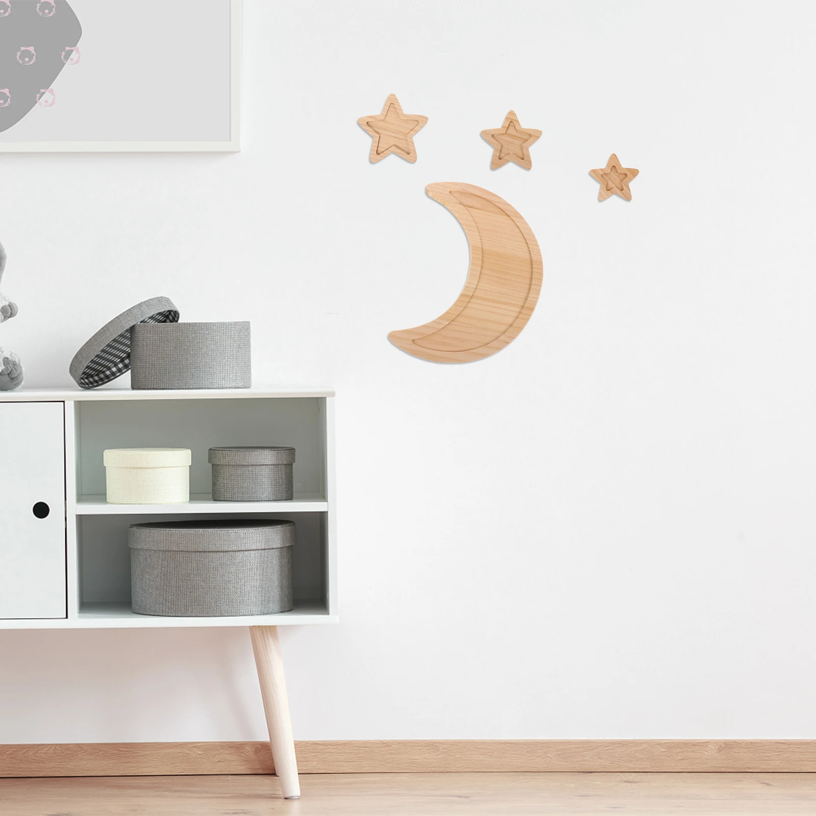 

4pcs Moon Star Ornaments Wooden Nursery Wall Decor Children Room Baby Shower Boho Wedding Decor Crafted Quality