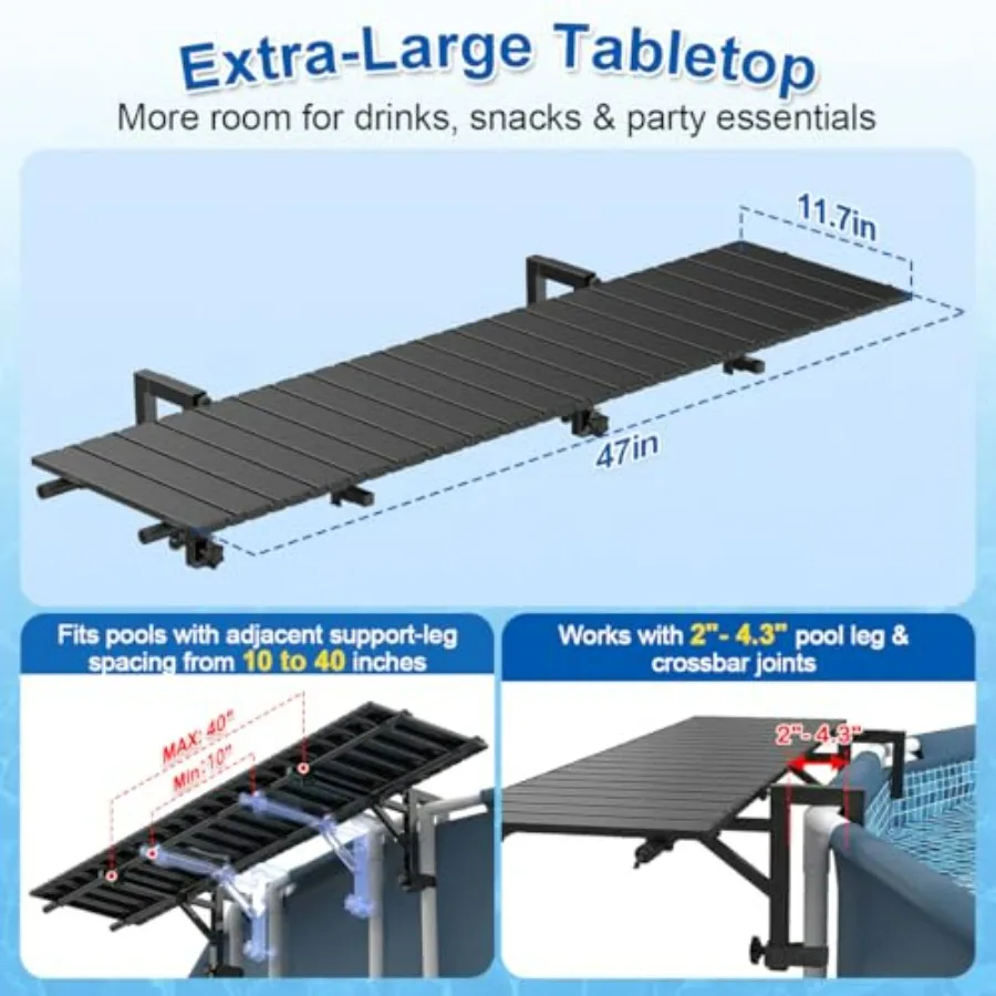 Above Ground Pool Bar for Round Pools, Black Stainless Steel Frame Aluminum Tabletop, UV Chemical Resistant, 47 x 11.7, 150 lbs