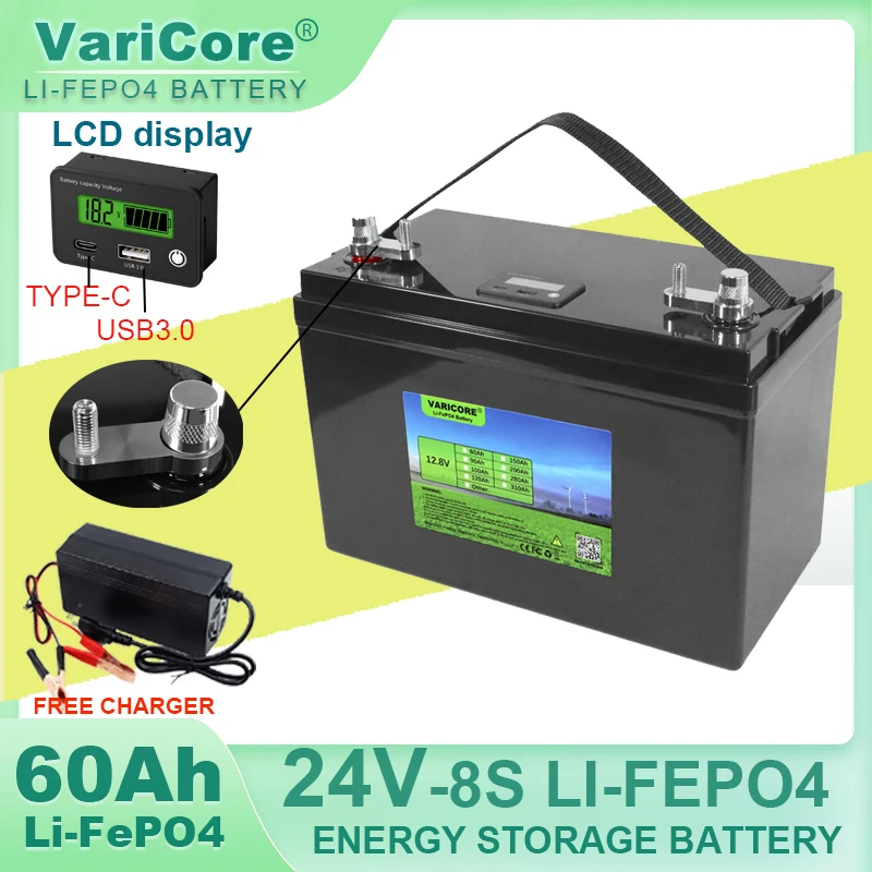 VariCore 24V 100AH 8 string LiFePO4 Battery Lithium Iron Phosphate 25.6v inverter Car lighter Batteries 29.2V Charger Tax Free