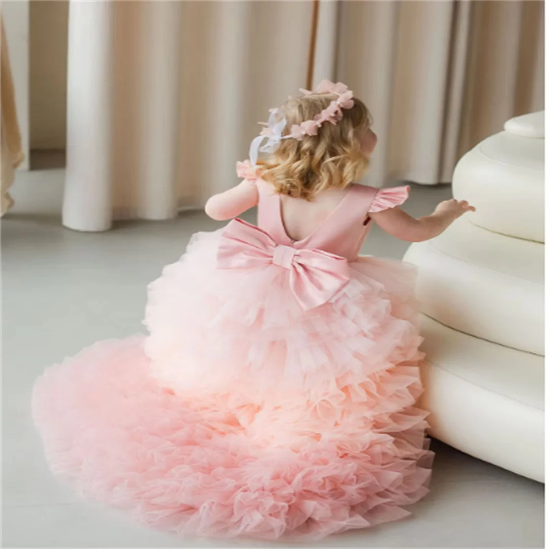 Tulle Tiered Pageant Dress With Train Toddlers Open Back Flower Girl Dresses Infant Kids Satin Bow Communion Party