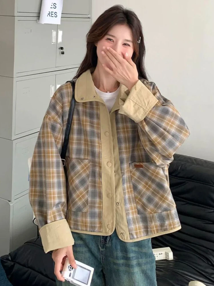 

Zoki винтажная клетчатая куртка-карго женская ретро двусторонняя одежда в консервативном стиле милое пальто корейский осенне-зимний топ с длинными рукавами и карманами