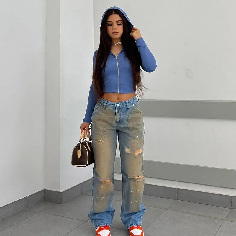 American Street Style Vintage Gradient High Waisted Jeans With Ripped Holes And Splashed Ink Straight Leg Casual Pants