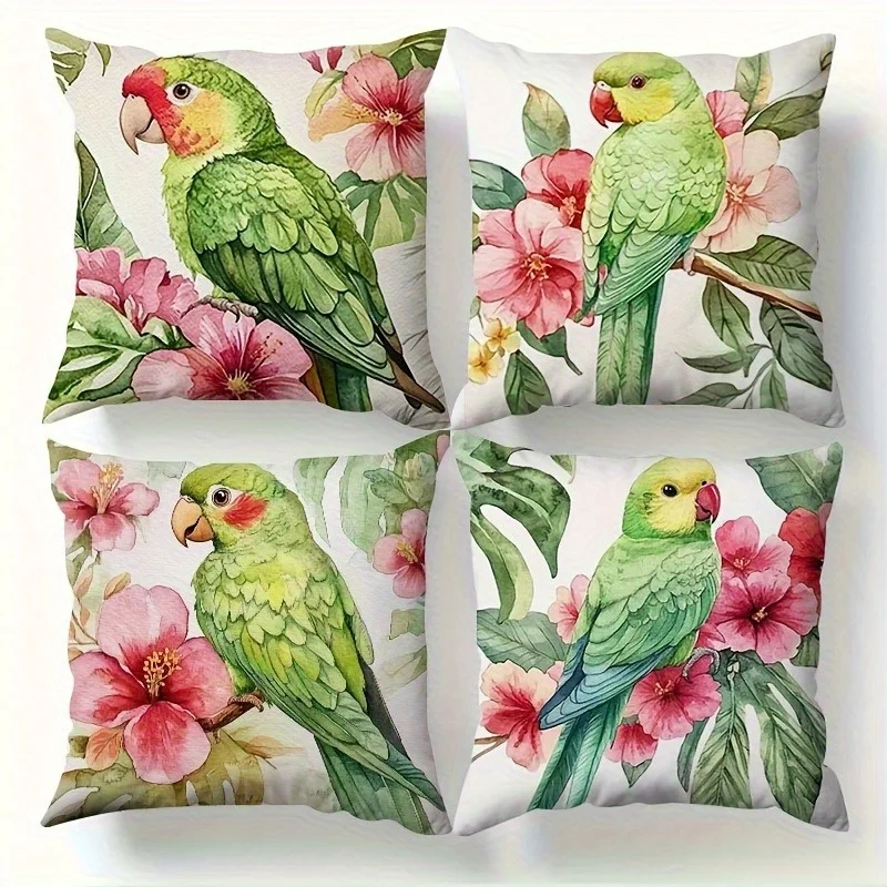 Tropical Parrot and Floral Print Throw Pillow Cover Set Botanical Jungle Cushion 40x40cm Home Decor