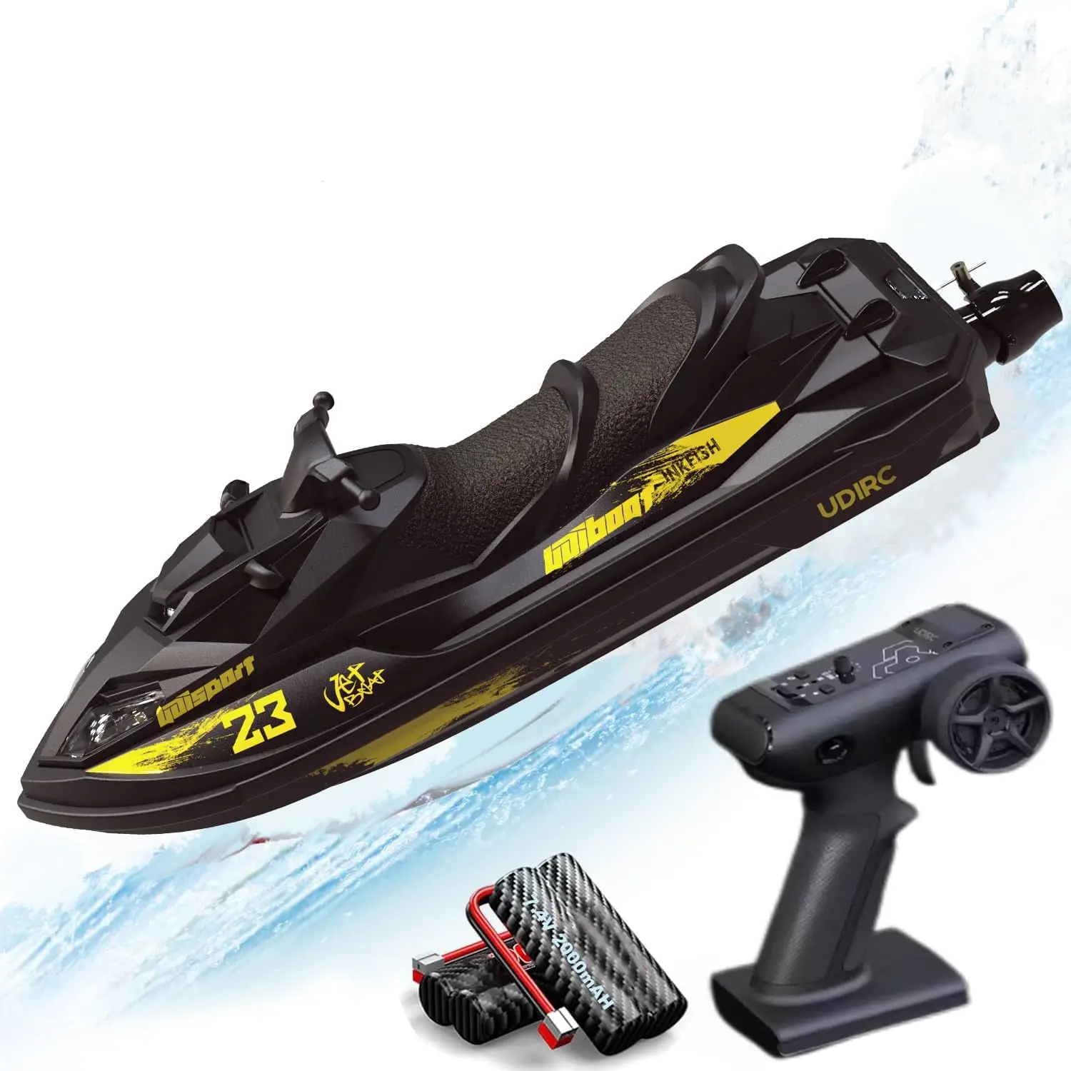 R/C UDI023 Plus+ RC Racing Jet Boat Remote Controlled Watercraft Motorboat 25km/h with LED 7.4V 2000mAh 2-Battery for Boys Kids