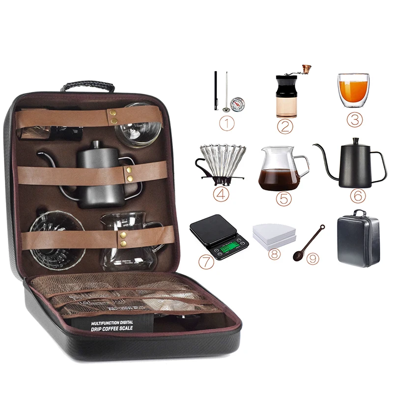 

10 Pieces/Set of Travel Coffee Accessories Set Including PU Bags Manual Grinding Cups Filter Cups and Other Outdoor Coffeeware