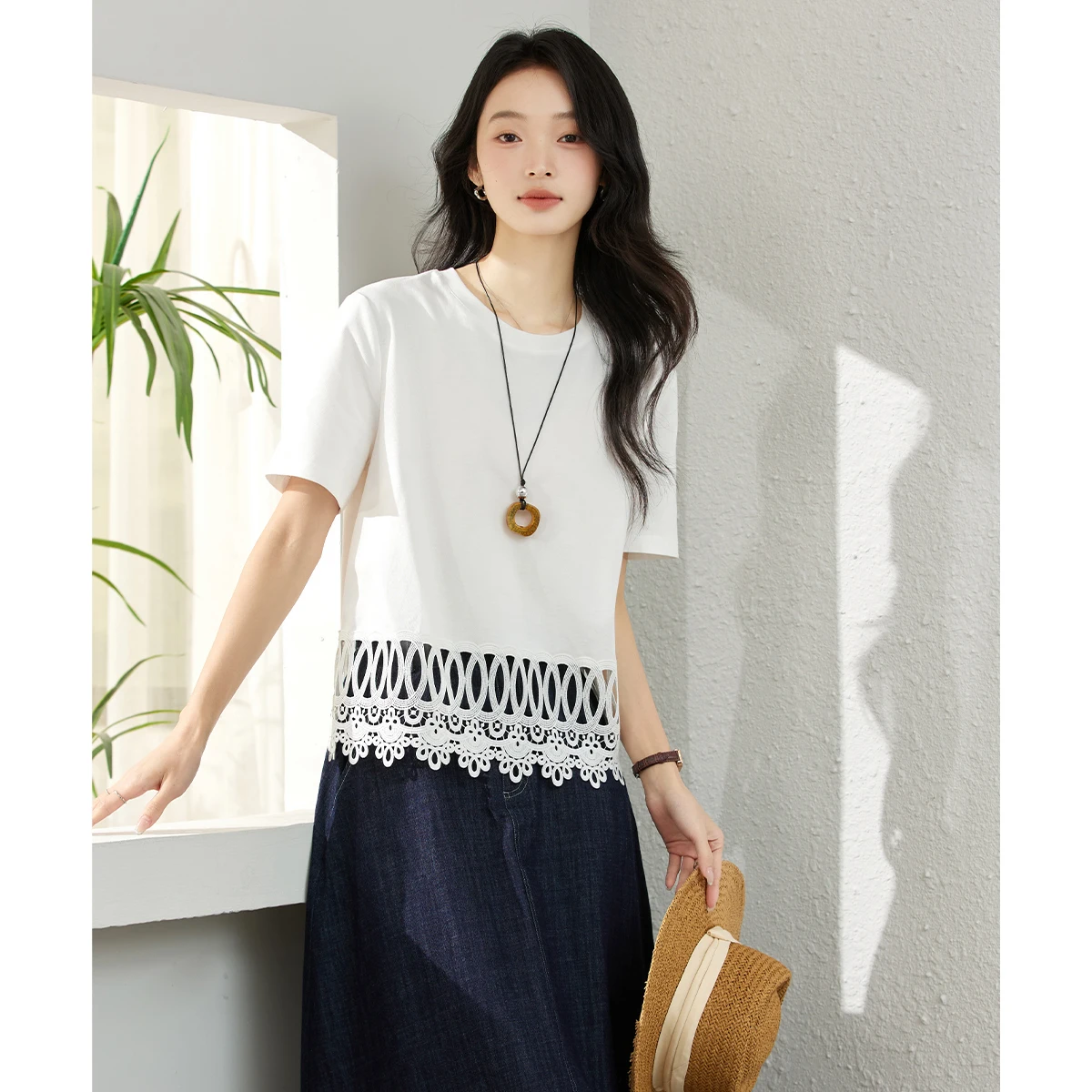 VIMLY White Cotton T-shirt with Hollow Lace Splicing for Women New Summer 2026 Short Sleeve Tees Fashion Casual Top Female A1938