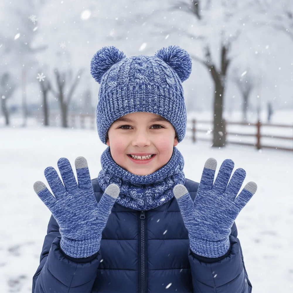 

Soft Cute Pompom Baby Hat Scarf Gloves Set Warm Ears Keep Warm Toddler Knitted Hats Thickened with Velvet Hat Set Boys