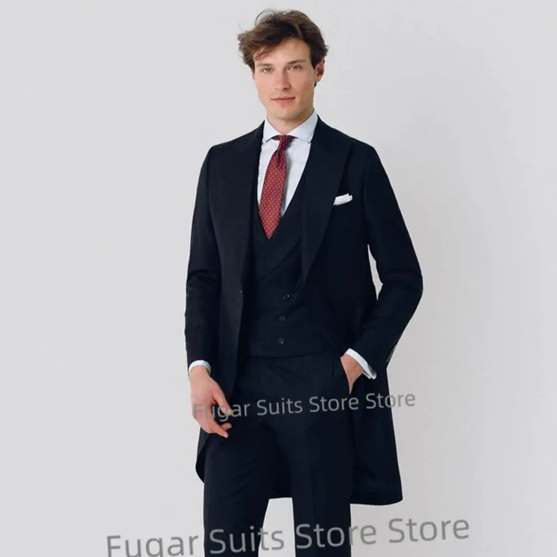 Business Office Navy Blue Long Suit For Men Slim Fit Peak Lapel Groom Tuxedos 2 Pieces Sets Gentleman Male Blazer Costume Homme