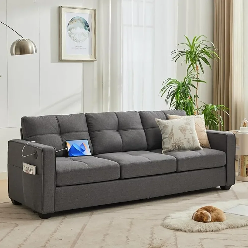 Modern Sofa Couch, Fabric Linen Deep Seat Mid Century Couches w/ 2 USB Charging Ports and Upholstered Cushions