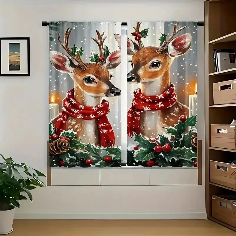 2PCS Christmas Curtains Reindeer Red Scarf Holly Berry Candle Snow Digital Print Drapes for Living Room Bedroom Holiday Decor