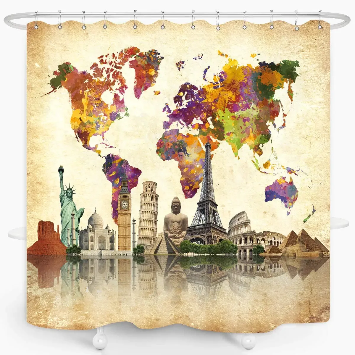 Vintage World Map Shower Curtain Famous Culture Landmark Statue of Liberty Eiffel Tower Big Ben Waterproof Bathroom Decor Sets