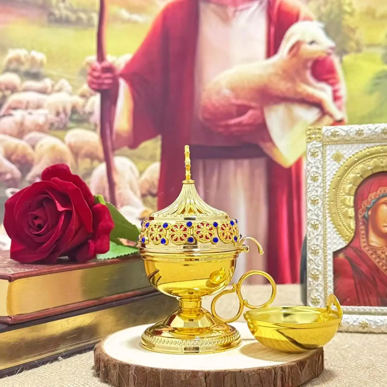 

Православная христианская позолоченная курильница из сплава, эмаль и драгоценный камень, инкрустированная курильница, семейная молитвенная угловая отделка