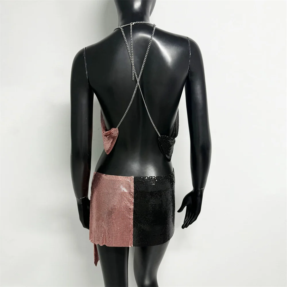 Women Metal Sequins 2 Piece Set Sexy Backless Deep V Neck Camisole With Side Split Tassel Mini Skirt Rave Festival Outfits