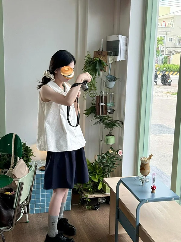 

Ретро Гонконг Sle Свободный круглый Ne Svel irt Женский летний дизайн Кукольный топ Шифоновый жилет Повседневный модный полиэстер