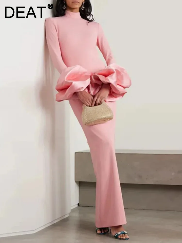 DEAT 2024 Autumn Elegant Dress Stand Collar Lantern Sleeve Stain Patchwork Back Split Women\'s Evening Party Dresses New 35Z1252