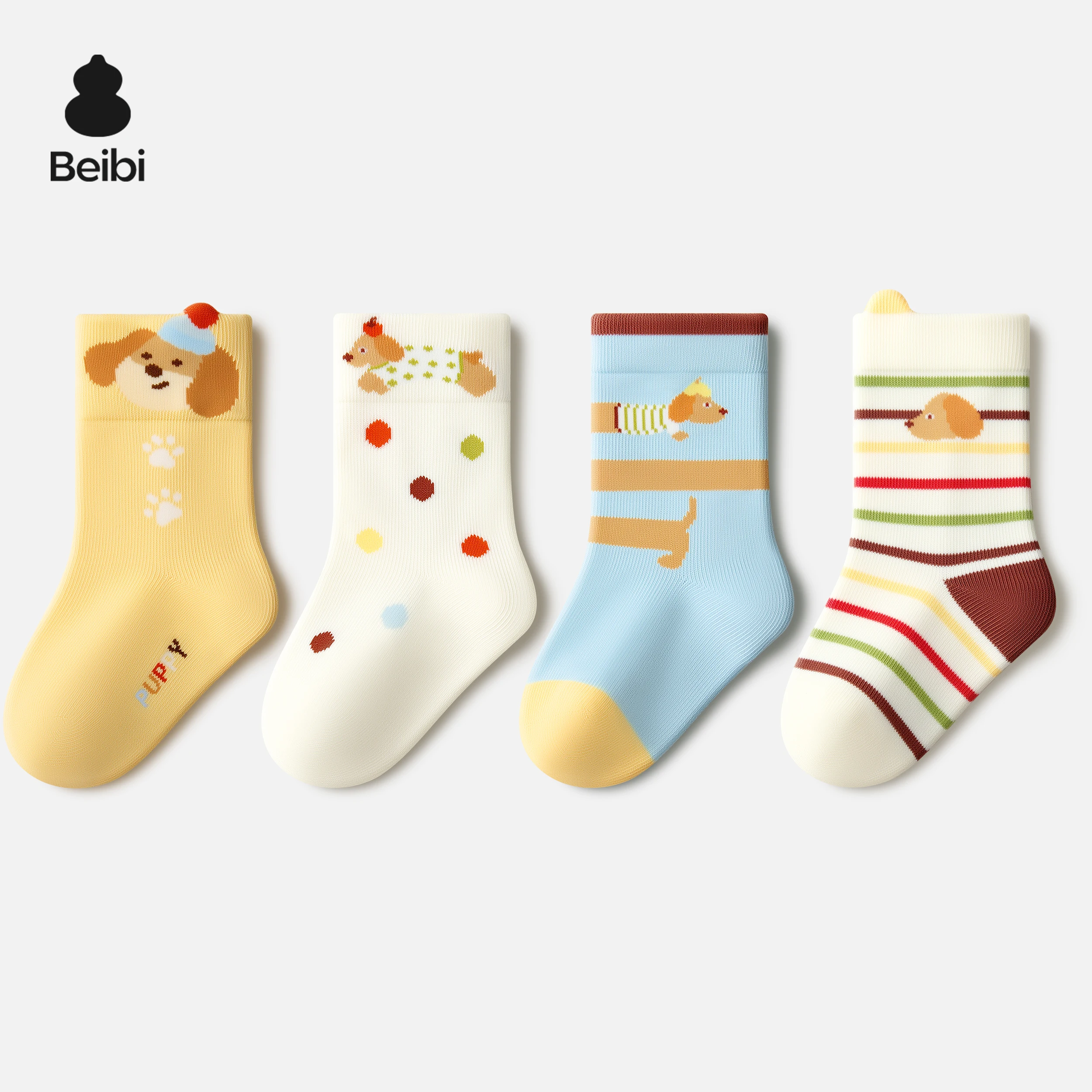 

Beibi 4-Pair Pack Unisex Kids' Fun Cartoon Mid-Calf Socks, All-Season Use, Suitable for Ages 0-6