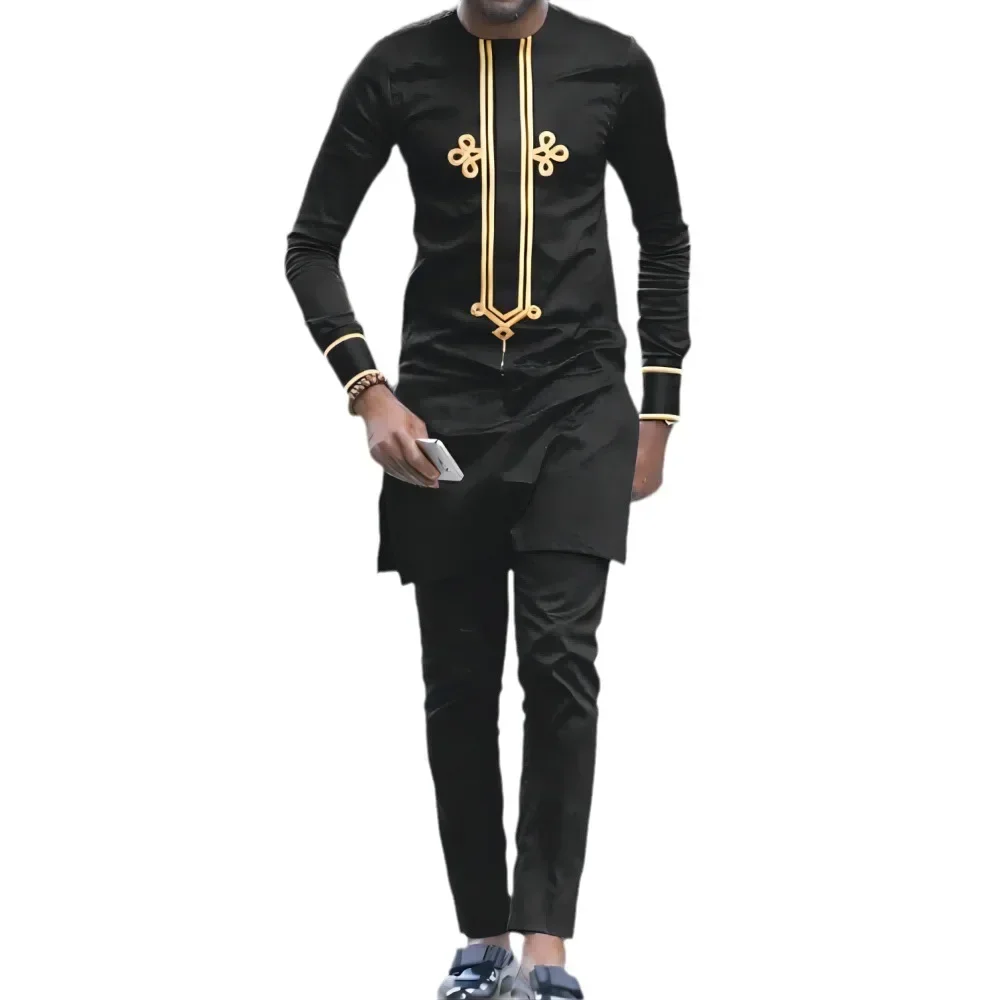 LIBIELIY أربعة مواسم أسود موضة جديدة للرجال 2 قطعة مجموعات النمط الأفريقي العرقية ملابس كاجوال وسراويل فاخرة الرجال المسلمات Clo