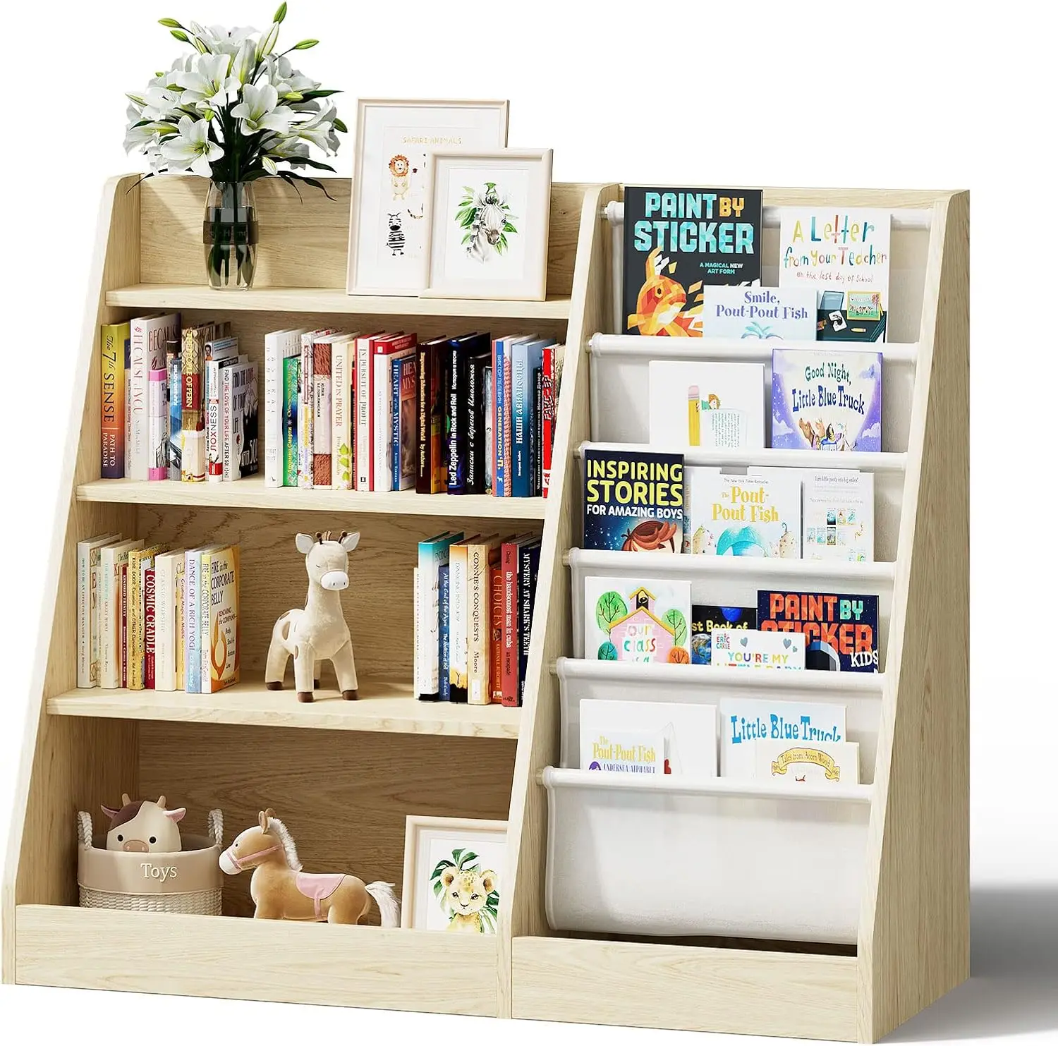 Estantería de madera para niños, estantería para niños con eslinga de cinco capas, estantería para libros de almacenamiento para bebés, cómoda organizadora para libros y juguetes, pantalla de libros