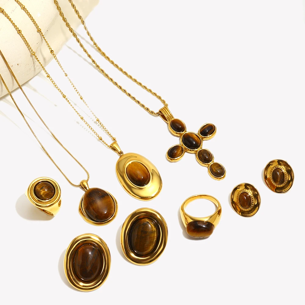 E.B.belle Stainless Steel Vintage Tiger Eye Series Jewelry Set Ring 18K Golded Plated Necklace Earring Women's Gift view 6