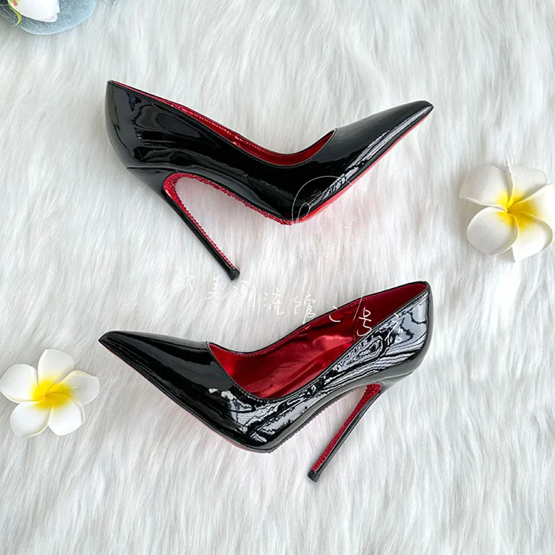 2024 Hot Sale Black Patent Leather Pointed Toe Heeled Elegant Shoes For Women High Heels Ladies Shoes On Offer Crystal Bottom