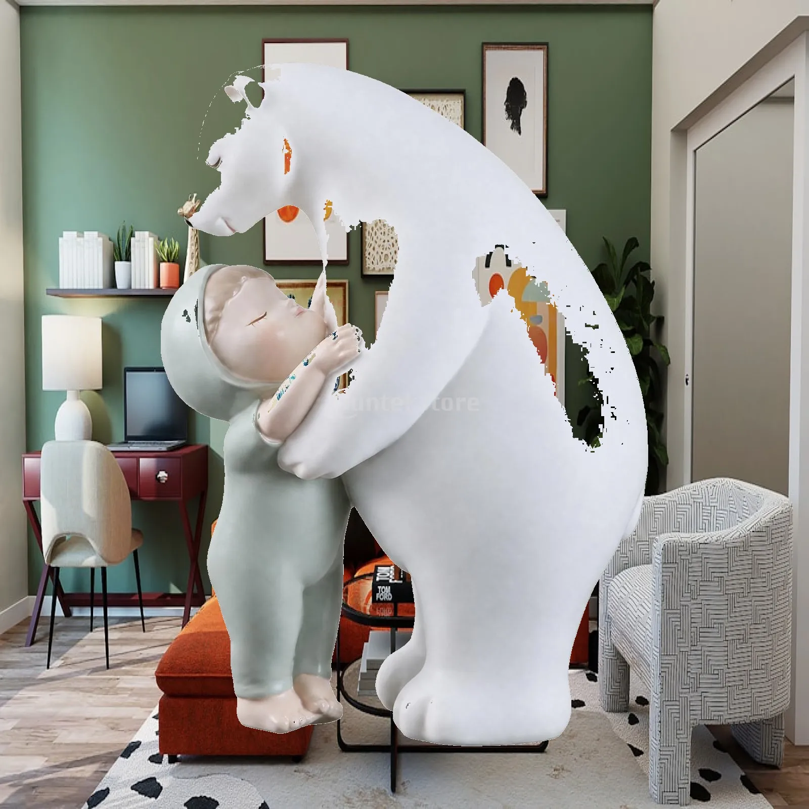 Gentle Bear Cuddling Child Resin Figurine Desk Statue Decoration Sculpture for Tabletop Shelf Bedroom Miniature Decor