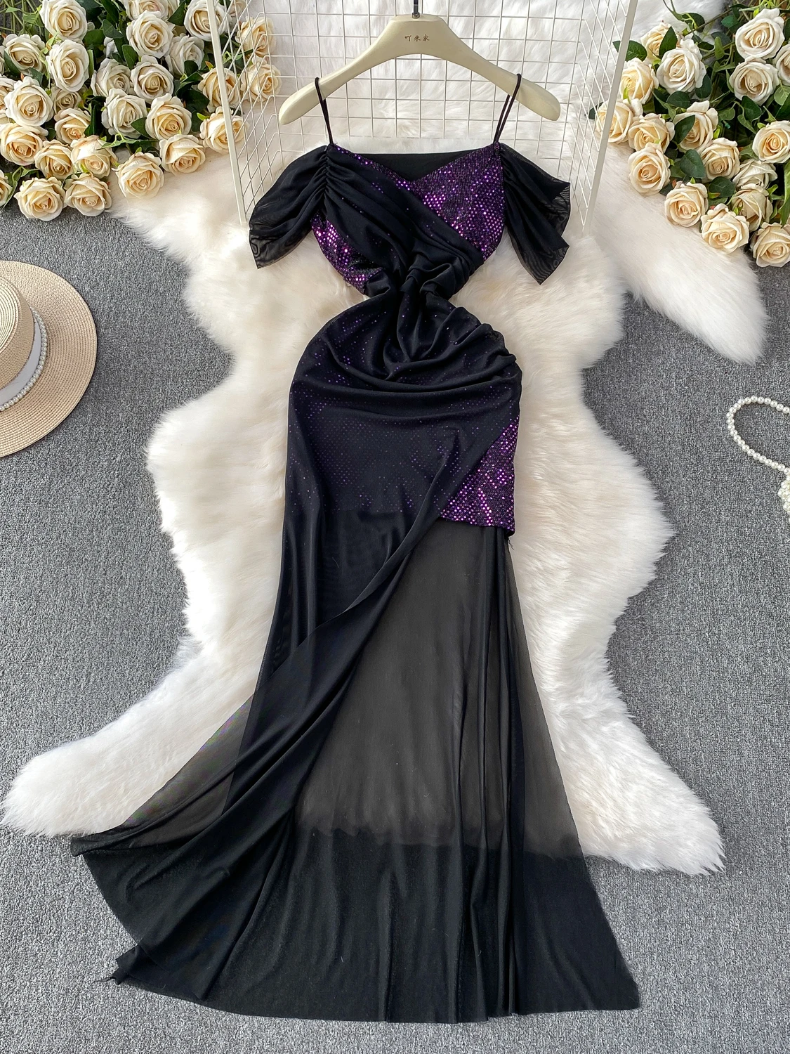 Vestido feminino de lantejoulas com alça espaguete, cintura recortada, camada de chiffon, malha, vestido de noite, sexy, slimfit, halter, costas nuas, linha a