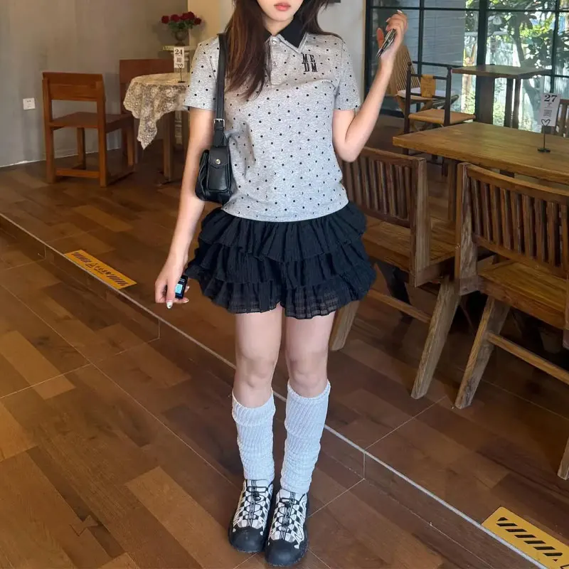 

American Preppy Style Polka Dot Polo Shirts Summer Short Sleeve Women's Clothing Contrasting Colors Stylish Embroidery T-shirts