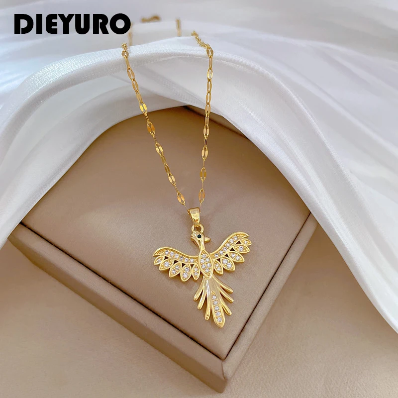 

DIEYURO 316L Stainless Steel Gold Color Phoenix Bird Pendant Necklace For Women Girl New Neck Chain Jewelry Birthday Party Gift