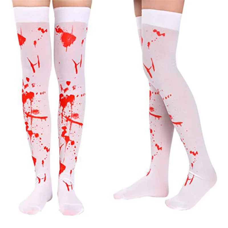 Halloween Over Knee Socks for Women Long Stocking Halloween Sock Holiday Party Masquerade Red Bloody Nurse Zombie Cosplay Horror