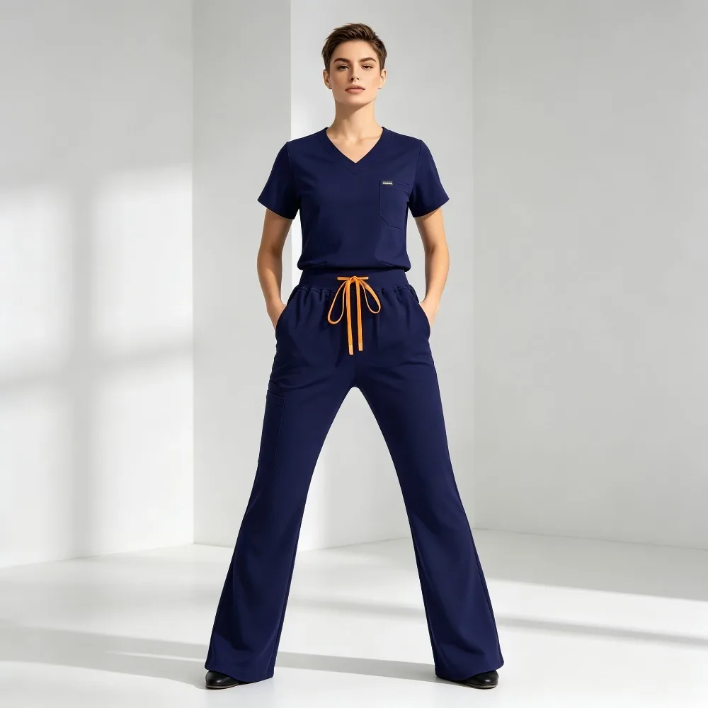 2-piece-salon-work-suit-short-sleeve-top-drawstring-micro-flared-3-pockets-pants-premium-daily-workwear