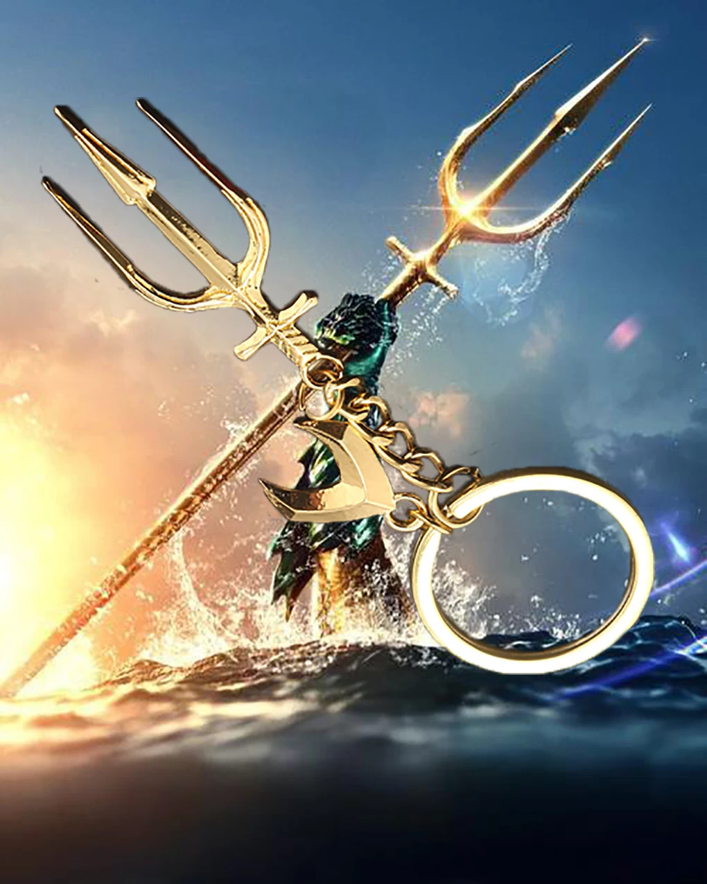 Superhero Movie Poseidon Trident Keychain Metal Pendant Weapon Keyring for Women Men Jewelry Accessories Gifts