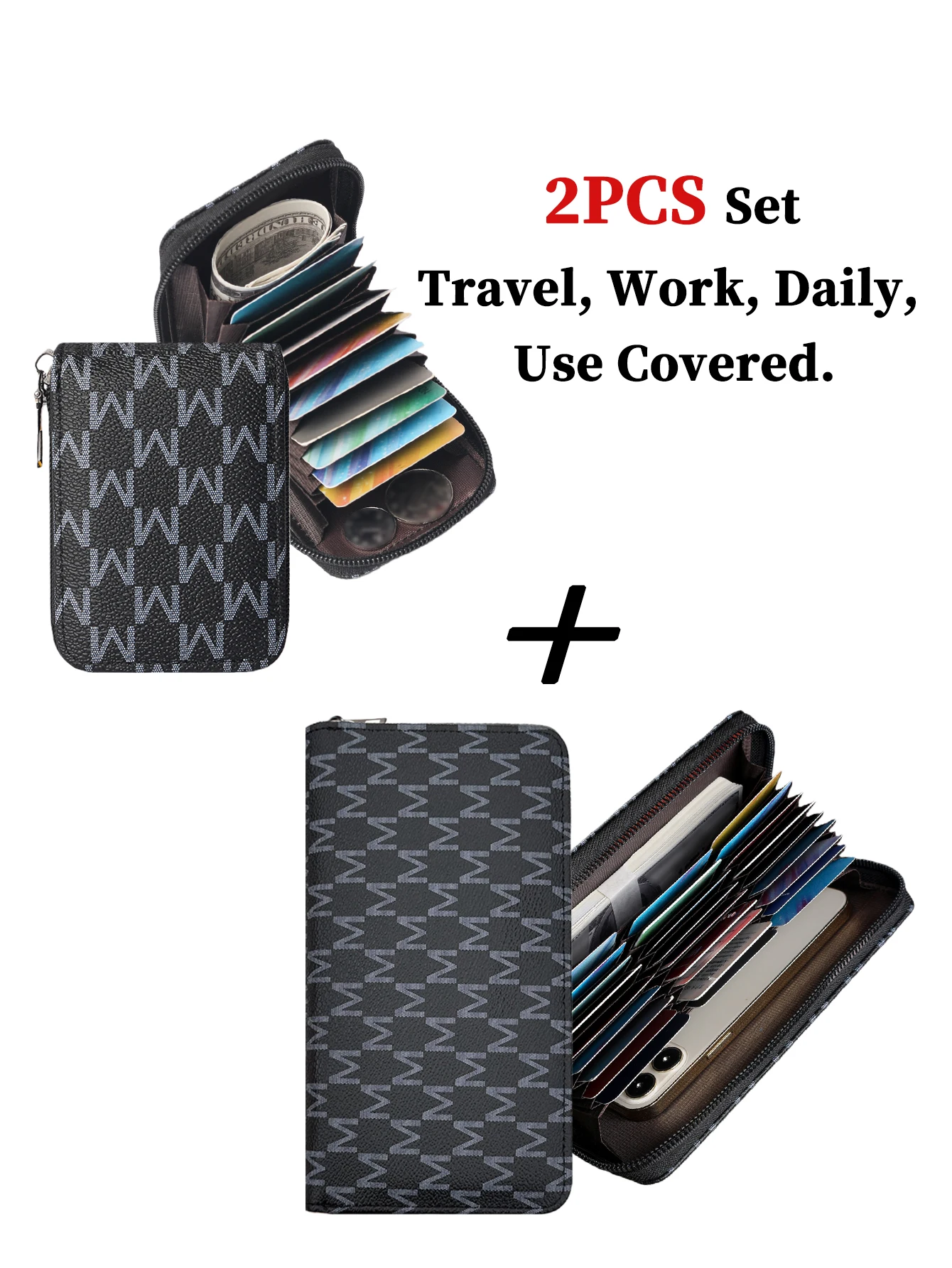 

Мужской комплект из 2 предметов: кошелек-клатч с M-образным узором - длинная сумка на молнии с отделением для телефона + компактный короткий кошелек